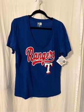 New Era Blue Rangers Script Tee with Red and White Logo
